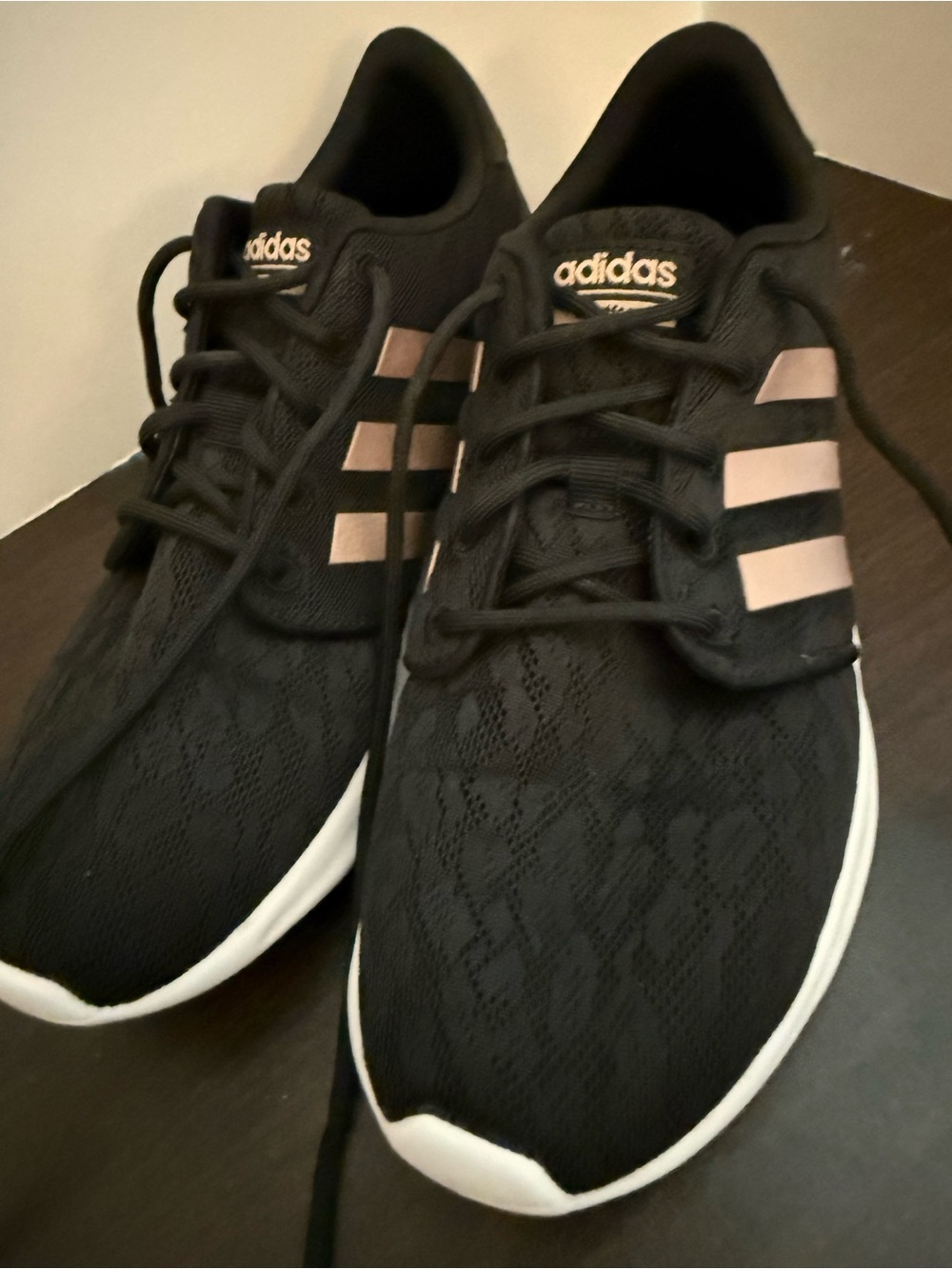 adidas womens Black Sneakers with Metallic Pink Stripes